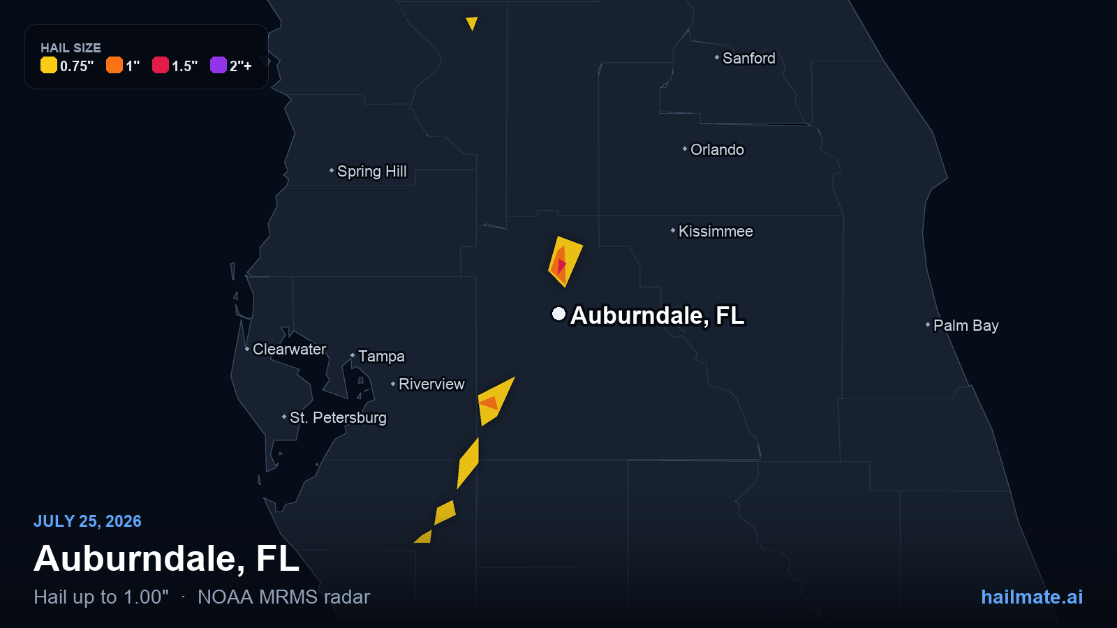 Hail swath map for Auburndale, FL on July 25, 2026 showing 1.00 inch hail.
