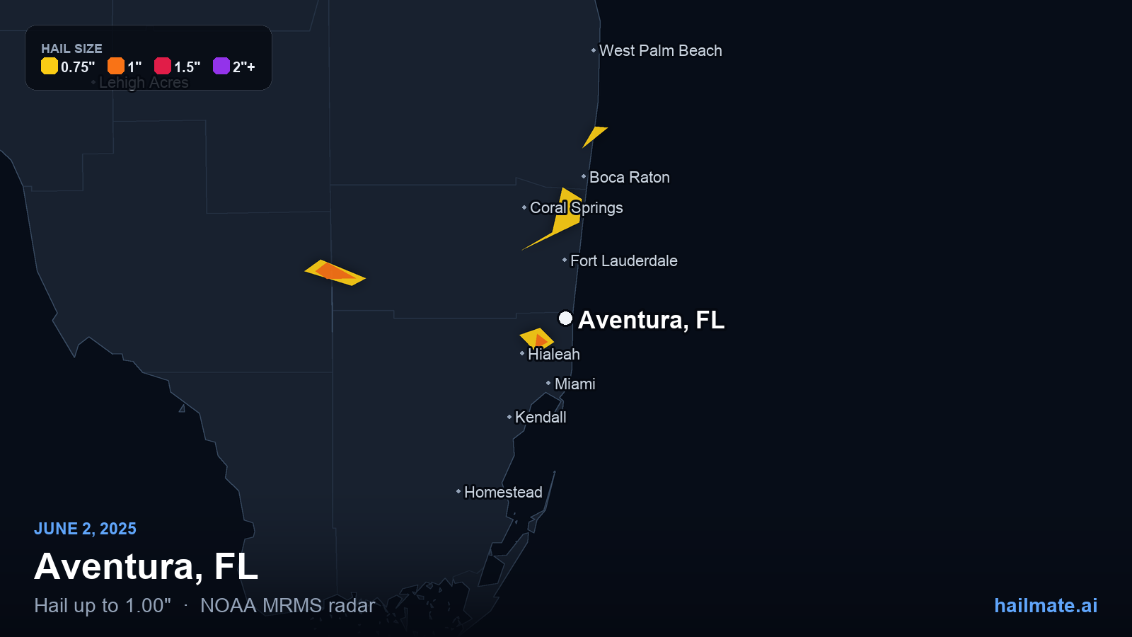 Hail swath map for Aventura, FL on June 2, 2025 showing 1.00 inch hail.