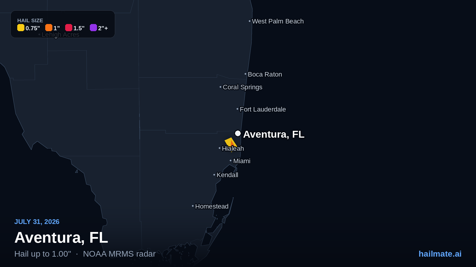 Hail swath map for Aventura, FL on July 31, 2026 showing 1.00 inch hail.