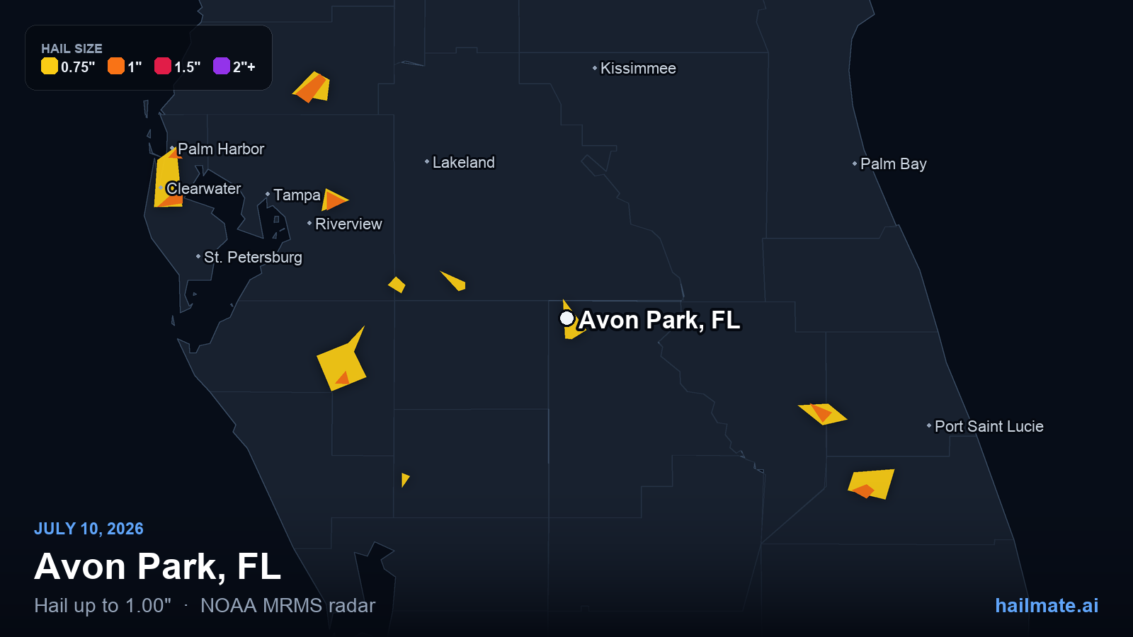 Hail swath map for Avon Park, FL on July 10, 2026 showing 1.00 inch hail.