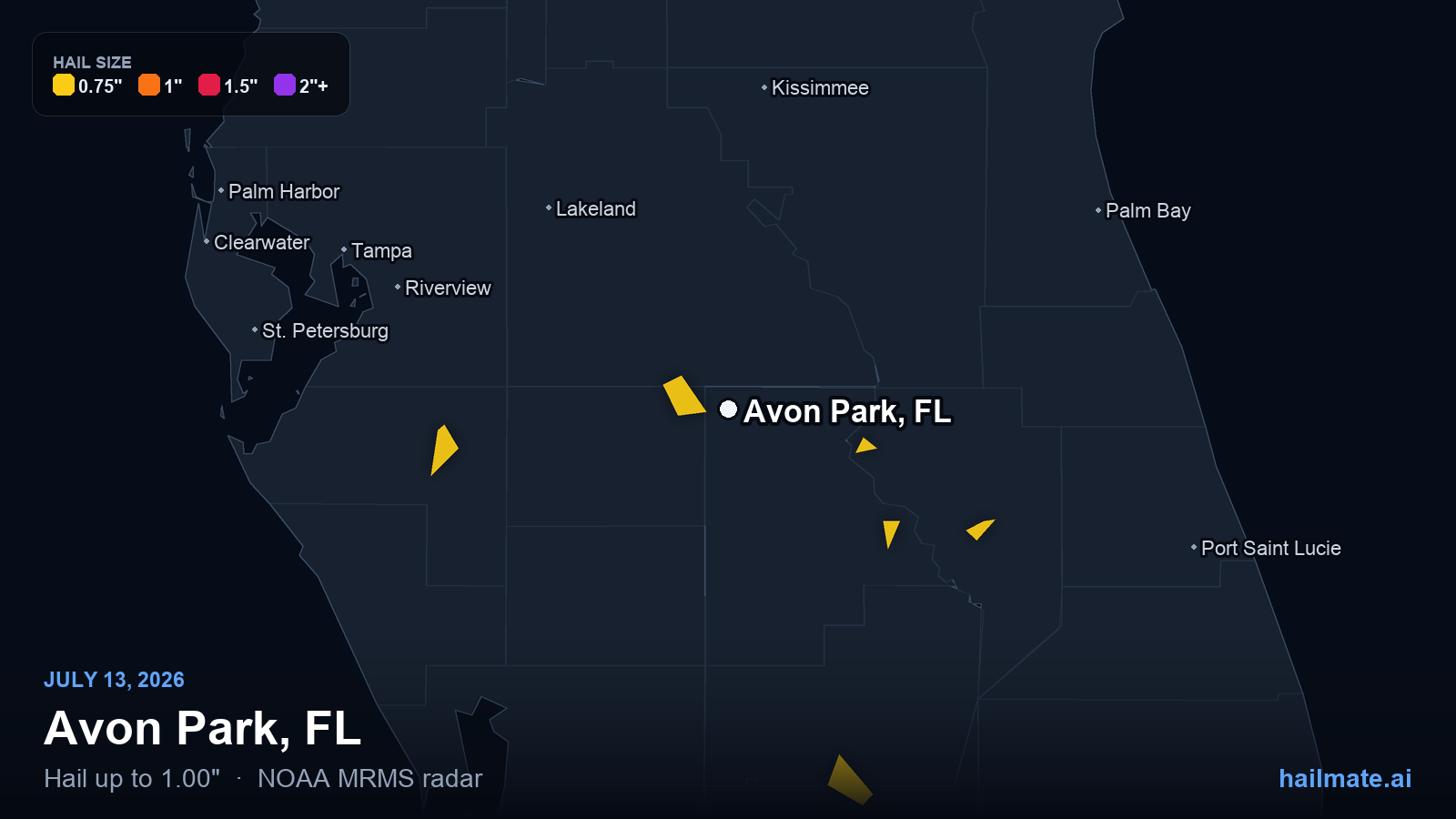 Hail swath map for Avon Park, FL on July 13, 2026 showing 1.00 inch hail.