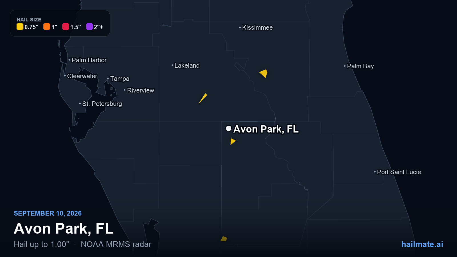 Hail swath map for Avon Park, FL on September 10, 2026 showing 1.00 inch hail.