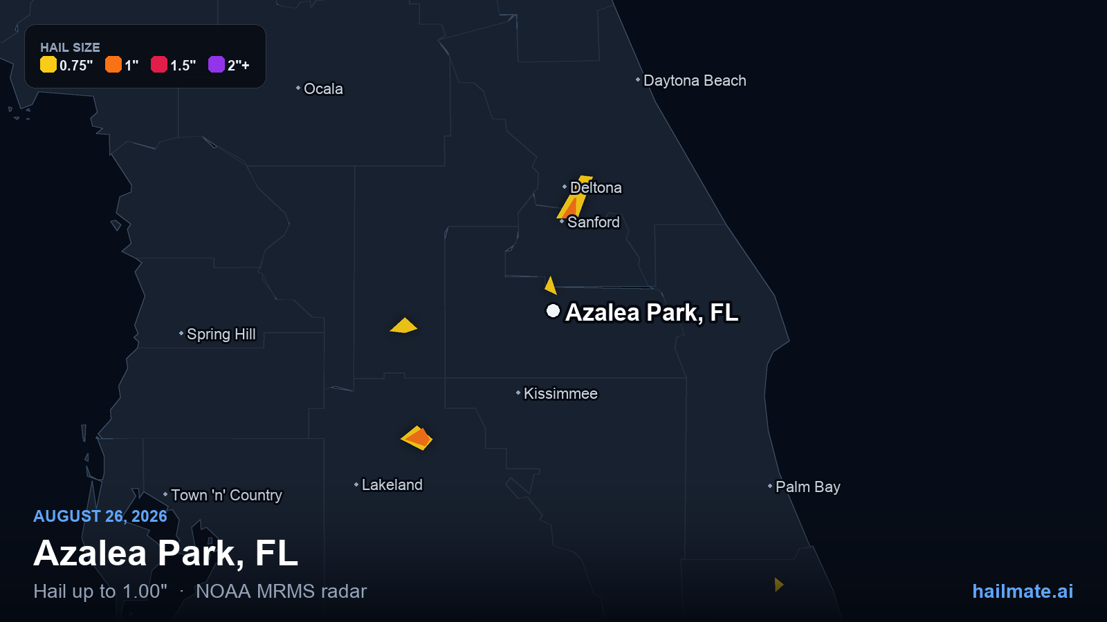 Hail swath map for Azalea Park, FL on August 26, 2026 showing 1.00 inch hail.