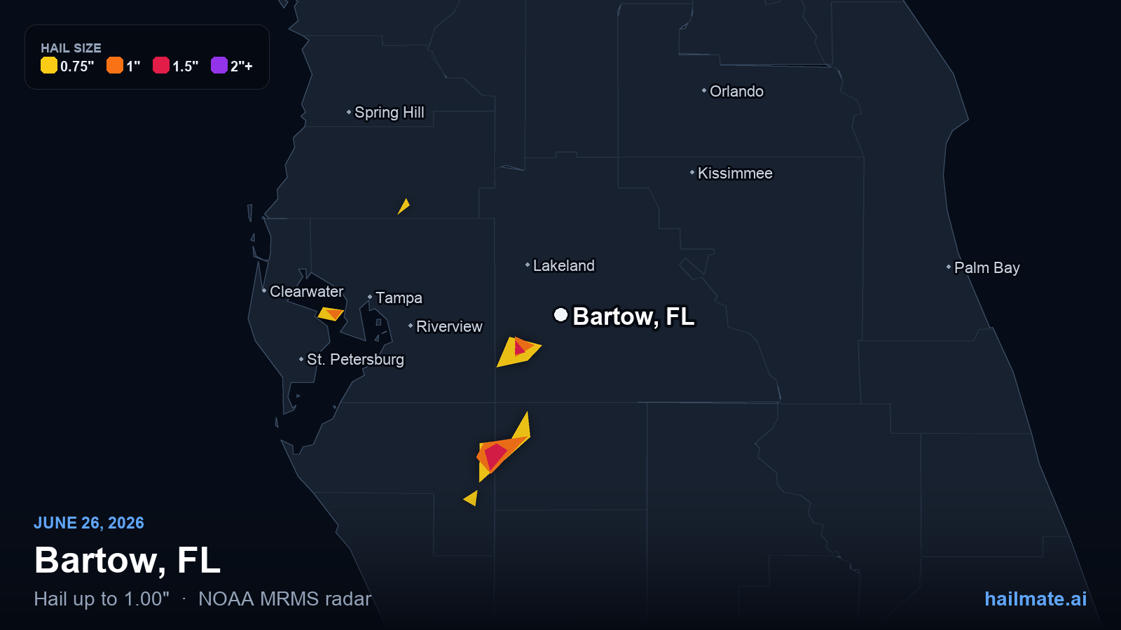 Hail swath map for Bartow, FL on June 26, 2026 showing 1.00 inch hail.