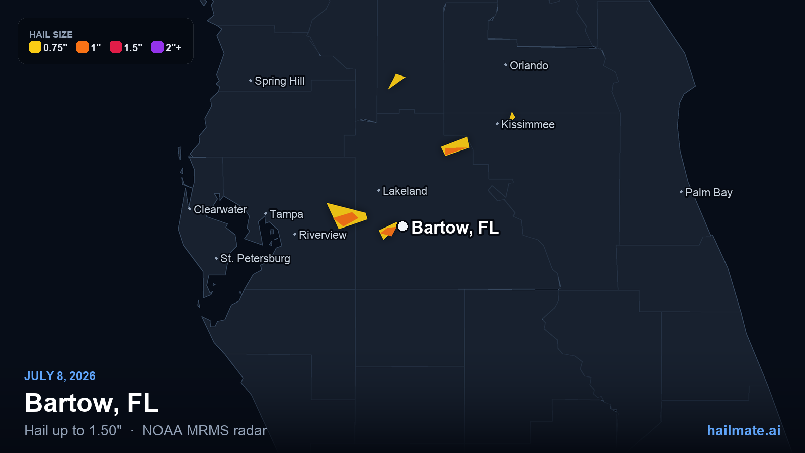 Hail swath map for Bartow, FL on July 8, 2026 showing 1.50 inch hail.