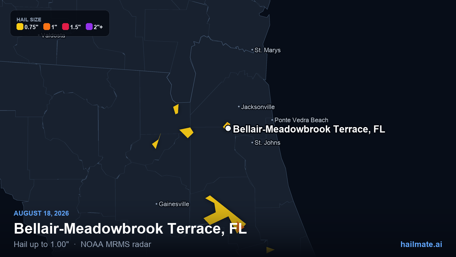 Hail swath map for Bellair-Meadowbrook Terrace, FL on August 18, 2026 showing 1.00 inch hail.