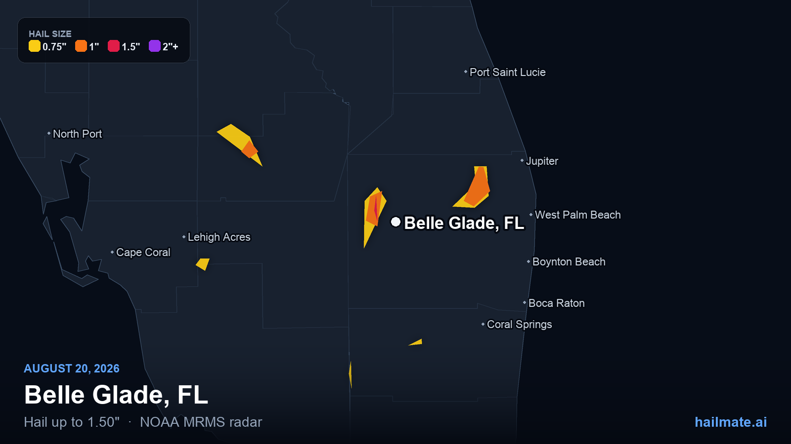 Hail swath map for Belle Glade, FL on August 20, 2026 showing 1.50 inch hail.