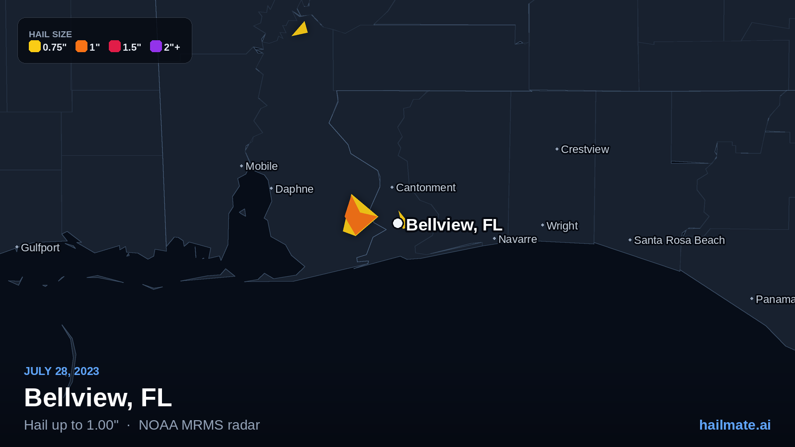 Hail swath map for Bellview, FL on July 28, 2023 showing 1.00 inch hail.
