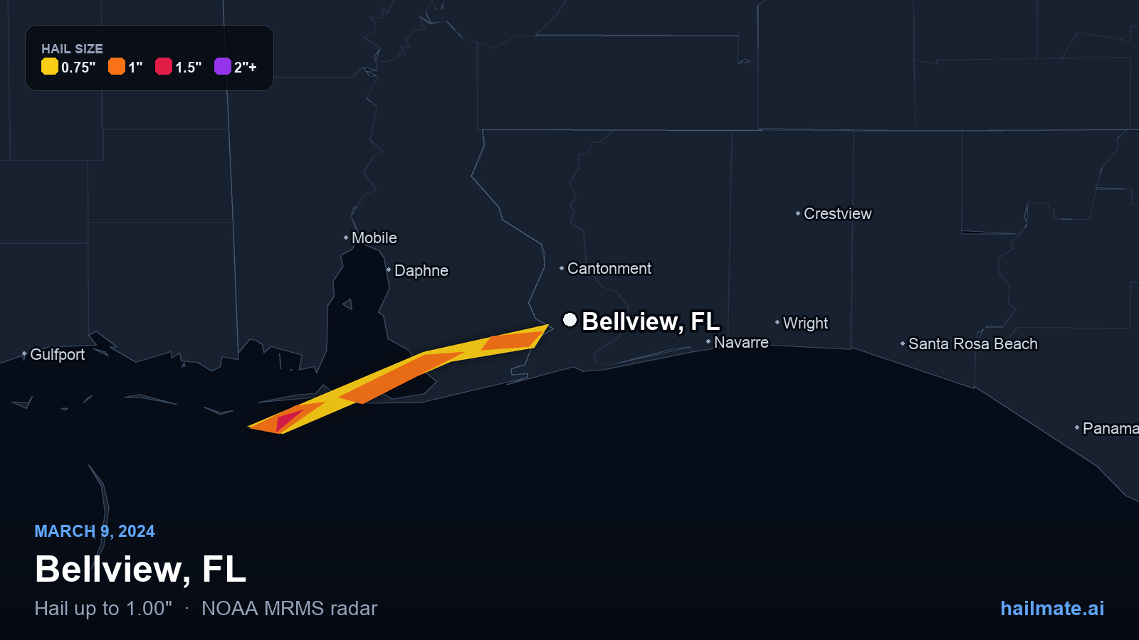 Hail swath map for Bellview, FL on March 9, 2024 showing 1.00 inch hail.
