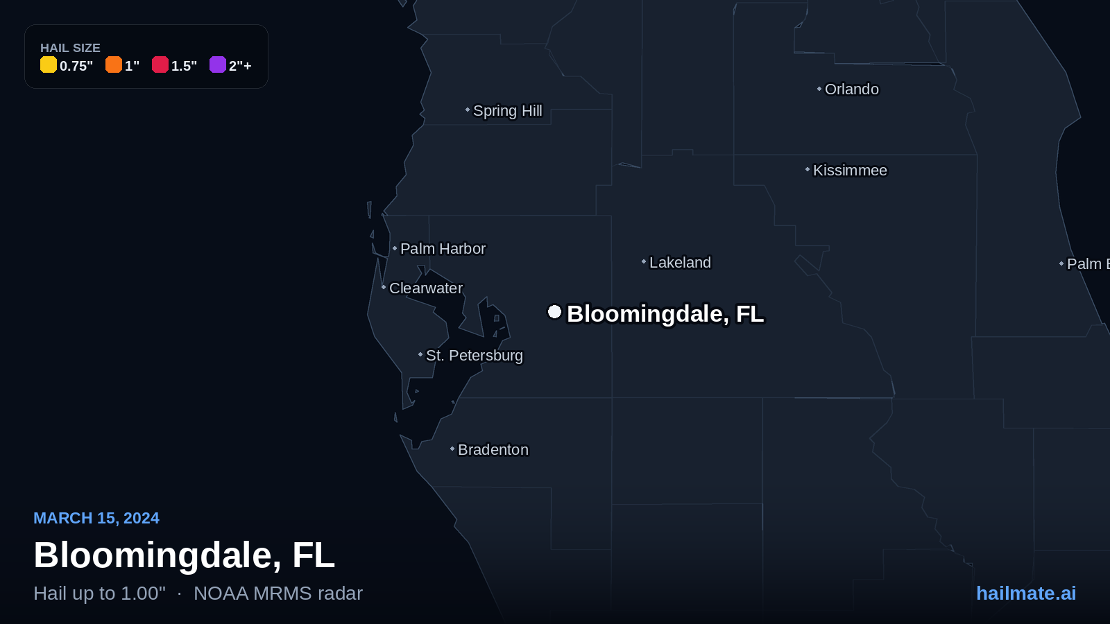 Hail swath map for Bloomingdale, FL on March 15, 2024 showing 1.00 inch hail.