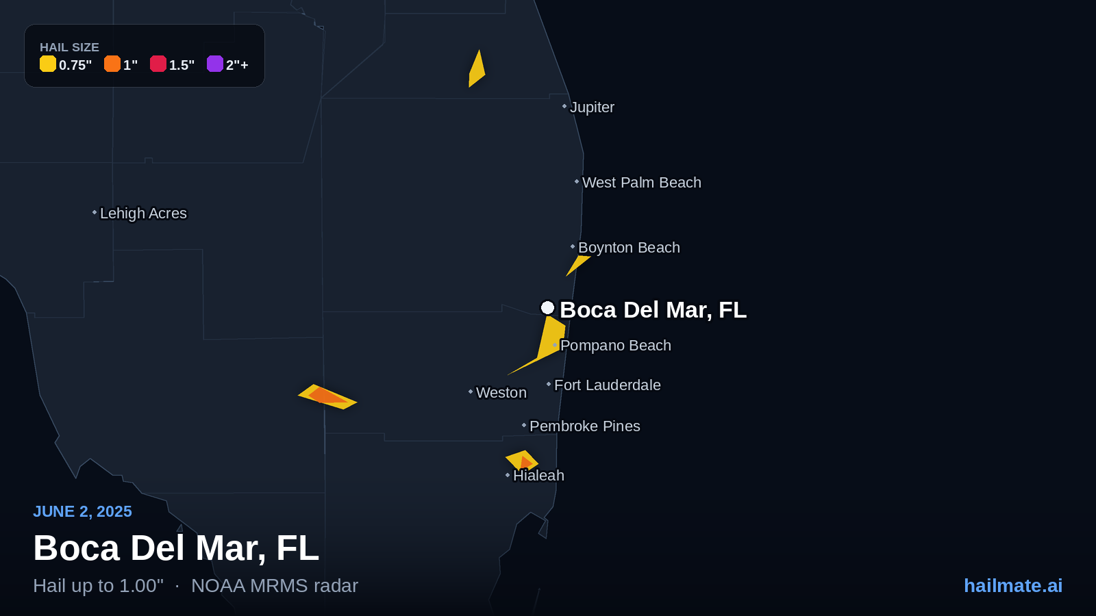 Hail swath map for Boca Del Mar, FL on June 2, 2025 showing 1.00 inch hail.