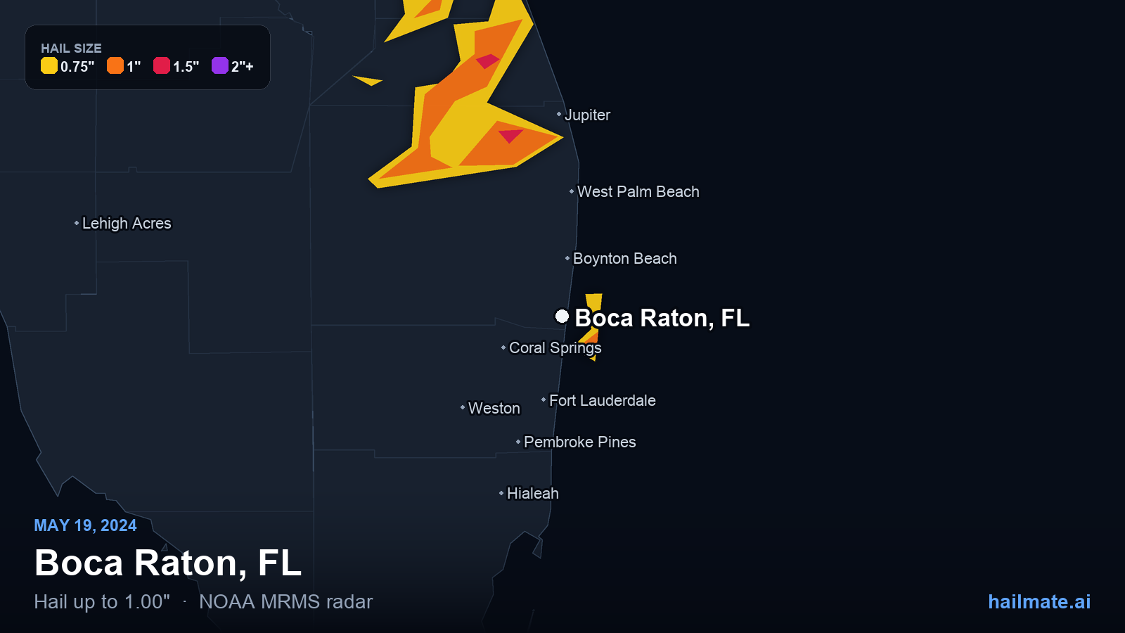 Hail swath map for Boca Raton, FL on May 19, 2024 showing 1.00 inch hail.