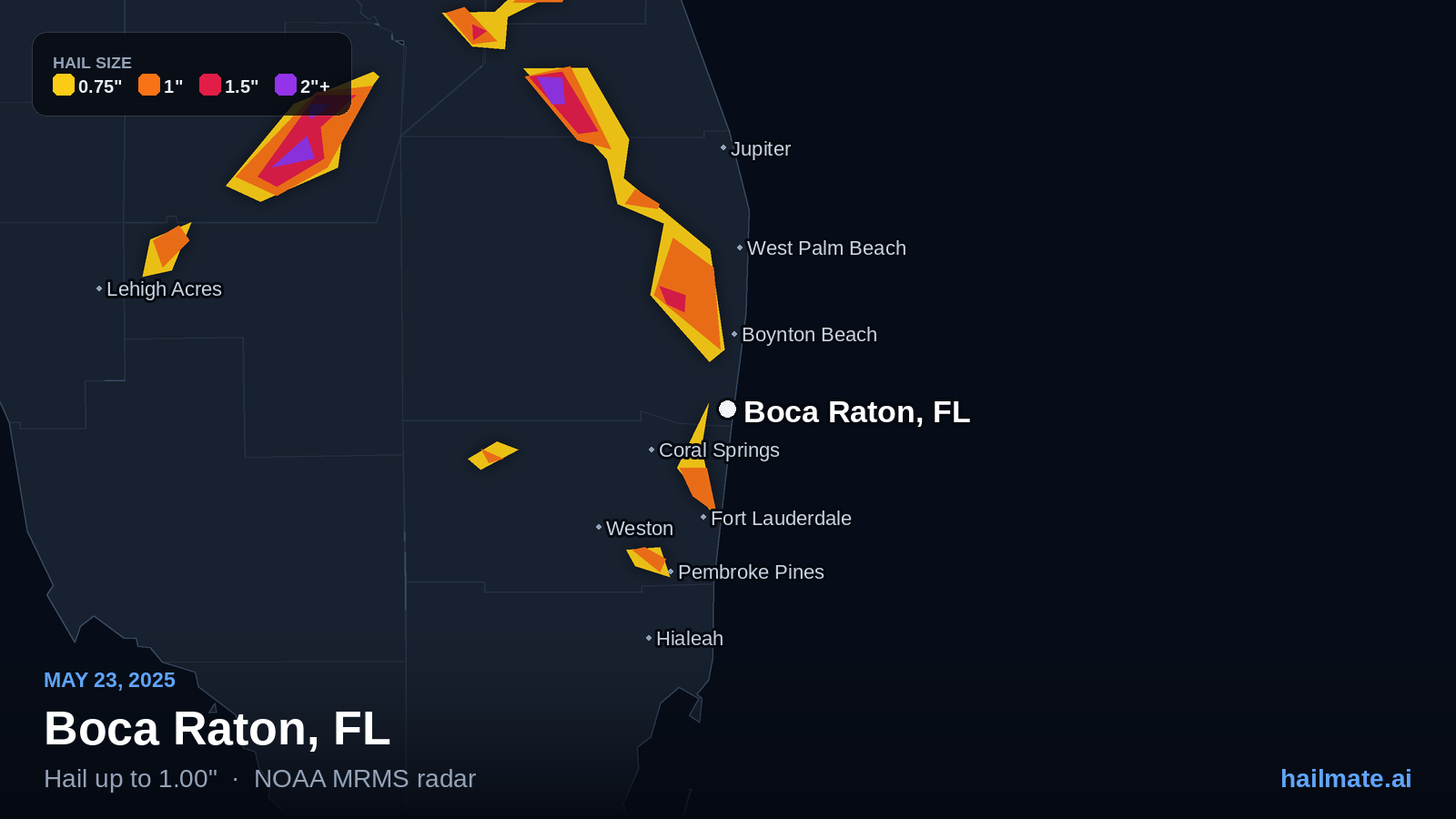 Hail swath map for Boca Raton, FL on May 23, 2025 showing 1.00 inch hail.