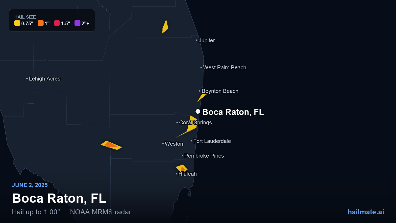 Hail swath map for Boca Raton, FL on June 2, 2025 showing 1.00 inch hail.