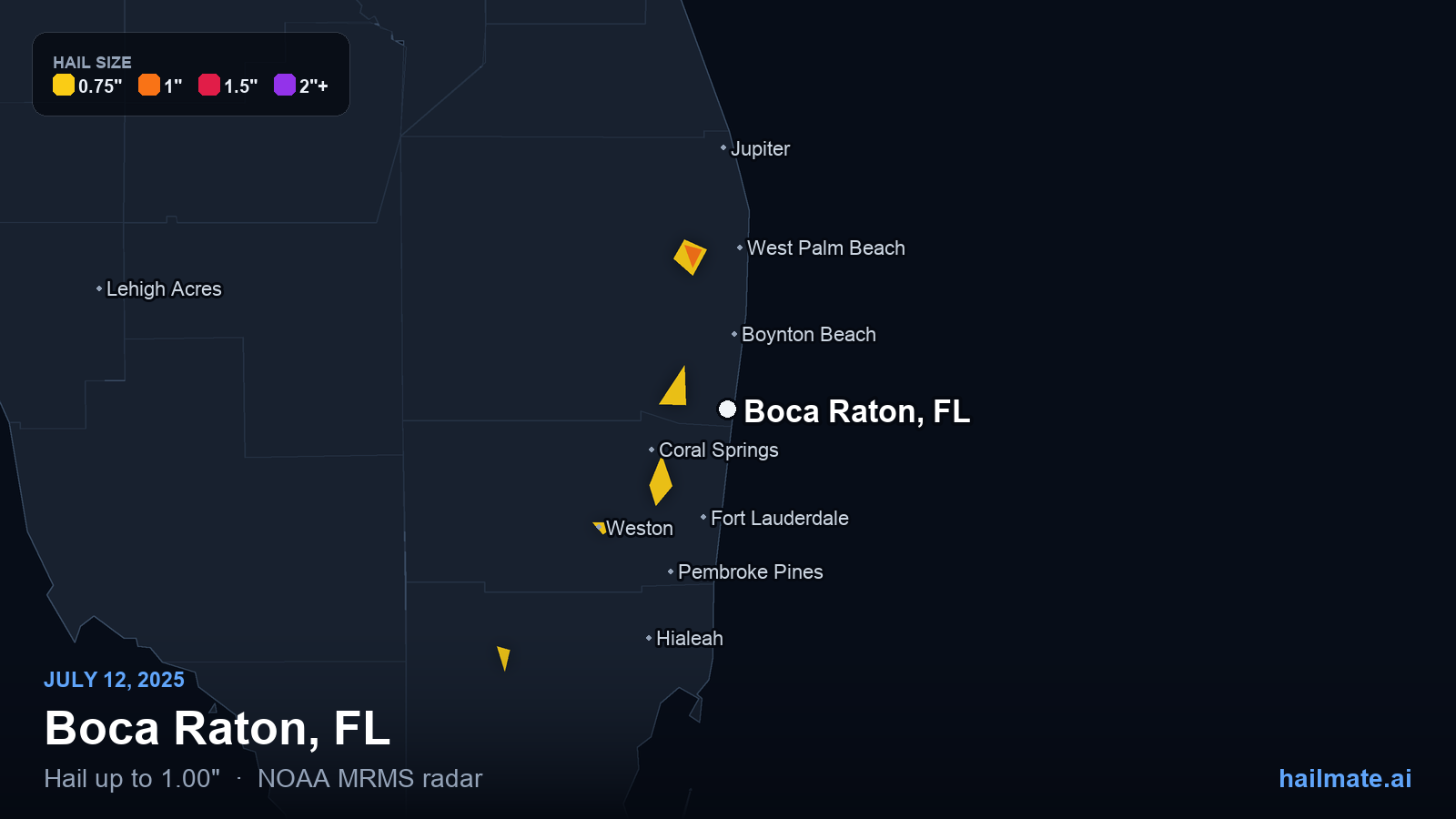 Hail swath map for Boca Raton, FL on July 12, 2025 showing 1.00 inch hail.