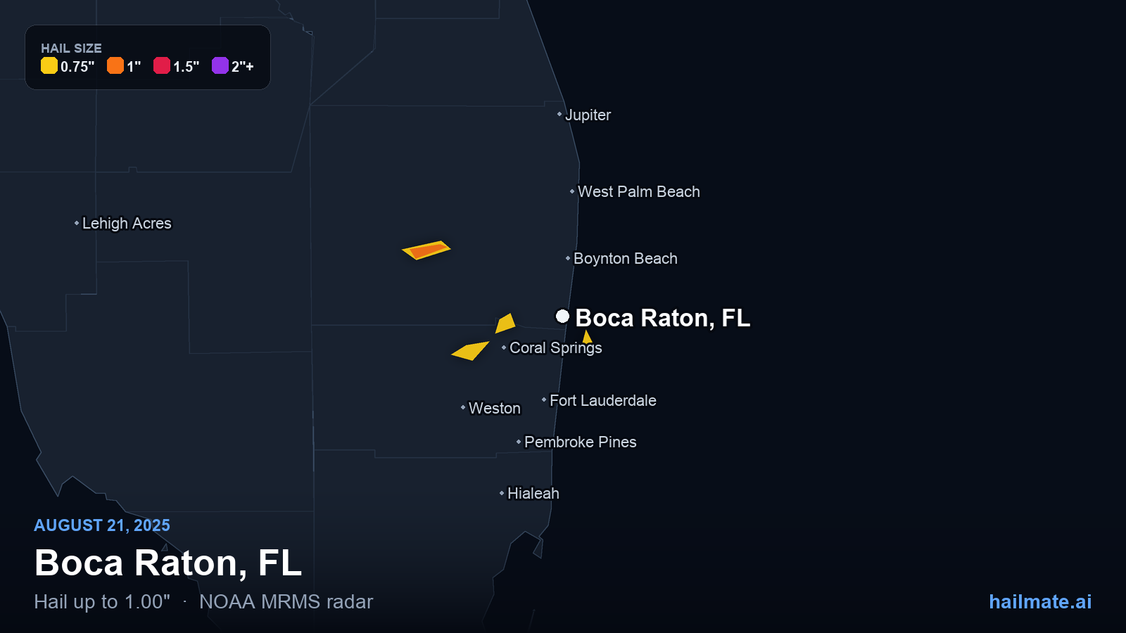 Hail swath map for Boca Raton, FL on August 21, 2025 showing 1.00 inch hail.