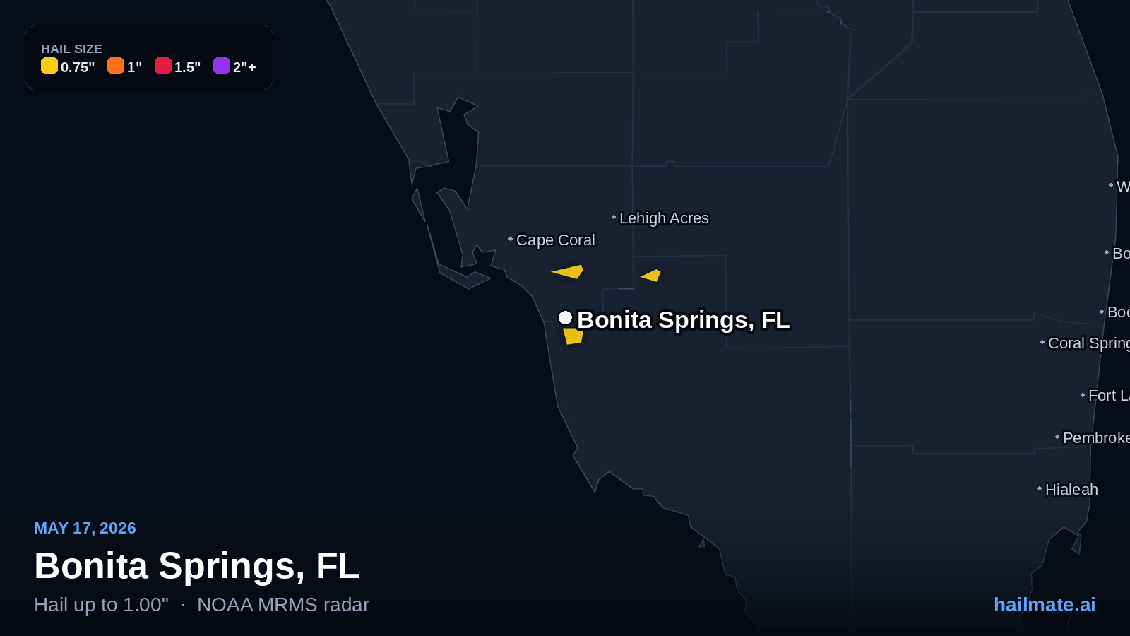 Hail swath map for Bonita Springs, FL on May 17, 2026 showing 1.00 inch hail.