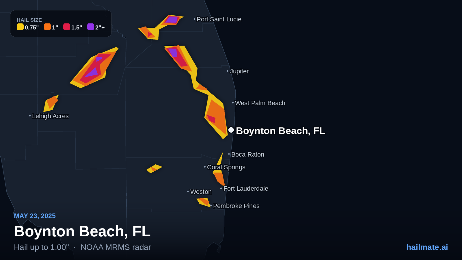 Hail swath map for Boynton Beach, FL on May 23, 2025 showing 1.00 inch hail.
