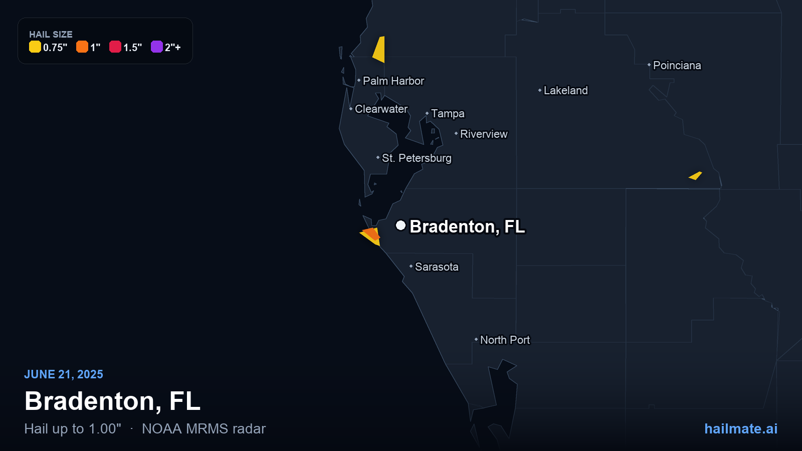 Hail swath map for Bradenton, FL on June 21, 2025 showing 1.00 inch hail.
