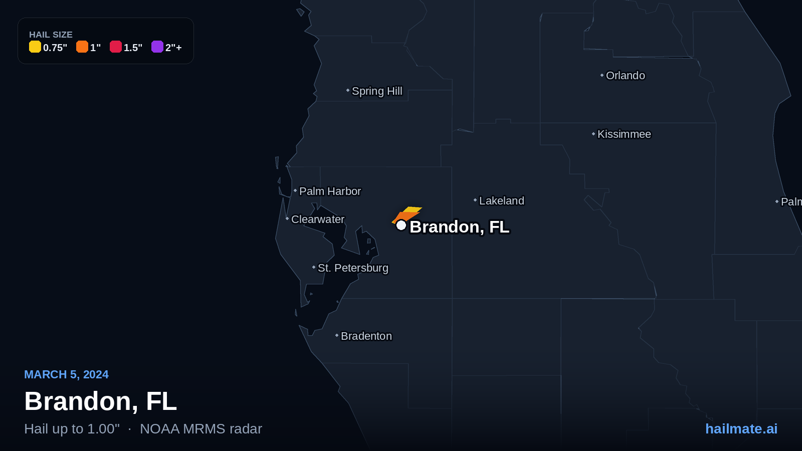 Hail swath map for Brandon, FL on March 5, 2024 showing 1.00 inch hail.