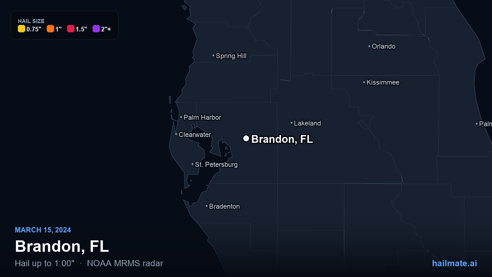 Hail swath map for Brandon, FL on March 15, 2024 showing 1.00 inch hail.