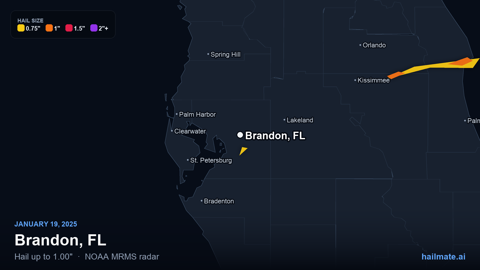 Hail swath map for Brandon, FL on January 19, 2025 showing 1.00 inch hail.