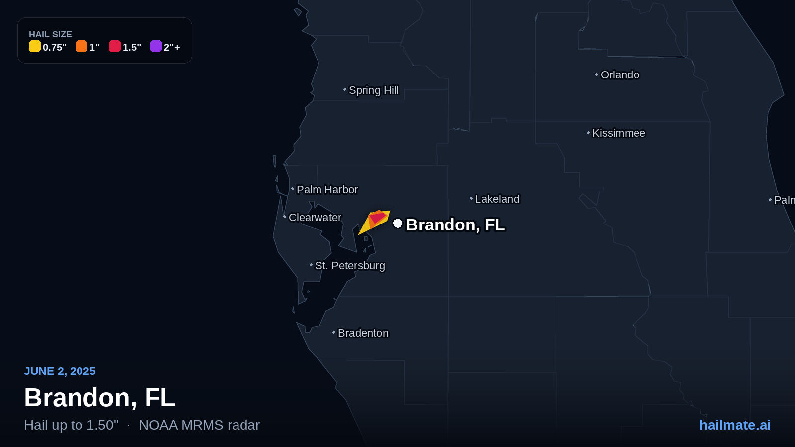 Hail swath map for Brandon, FL on June 2, 2025 showing 1.50 inch hail.