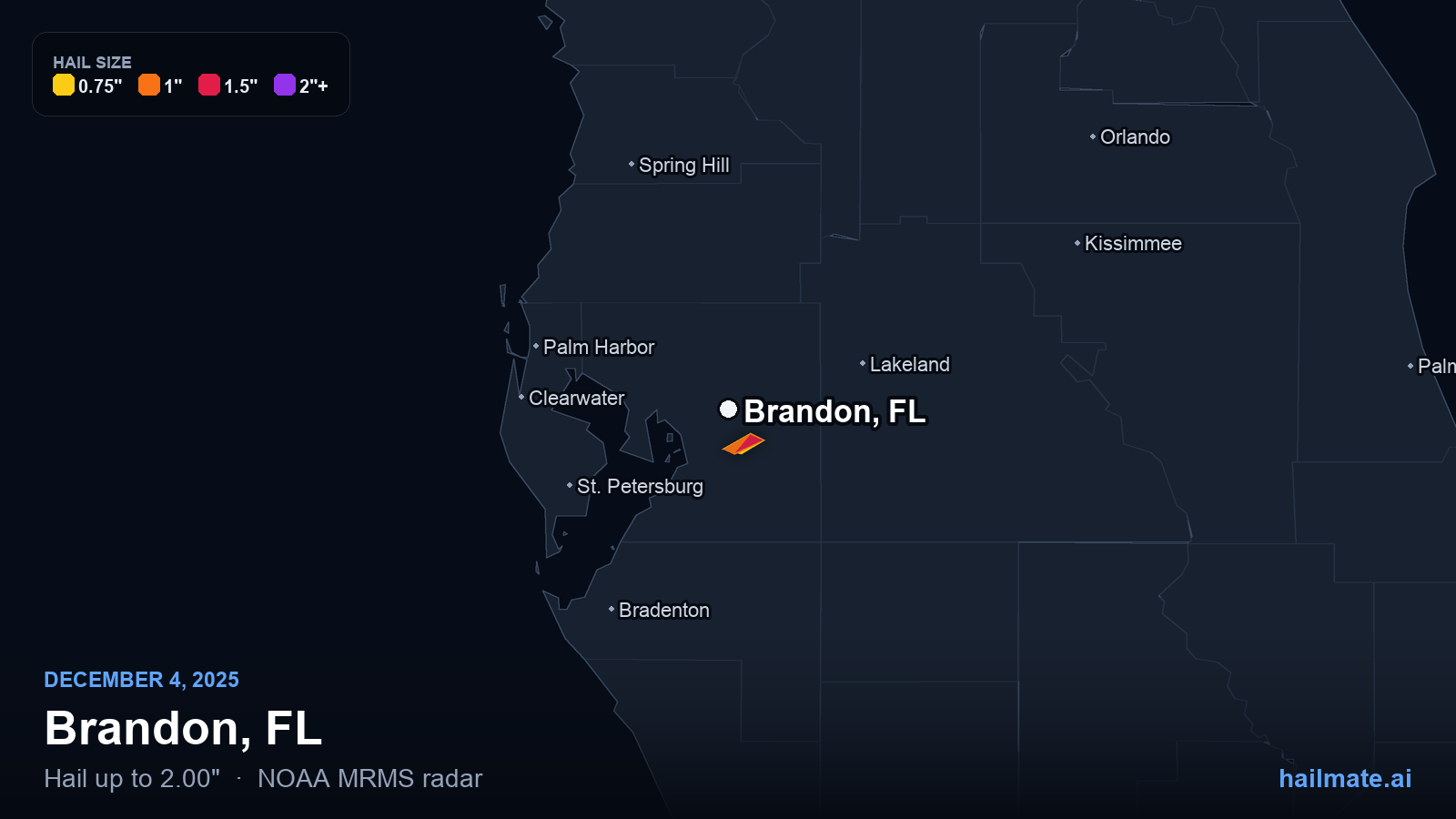Hail swath map for Brandon, FL on December 4, 2025 showing 2.00 inch hail.