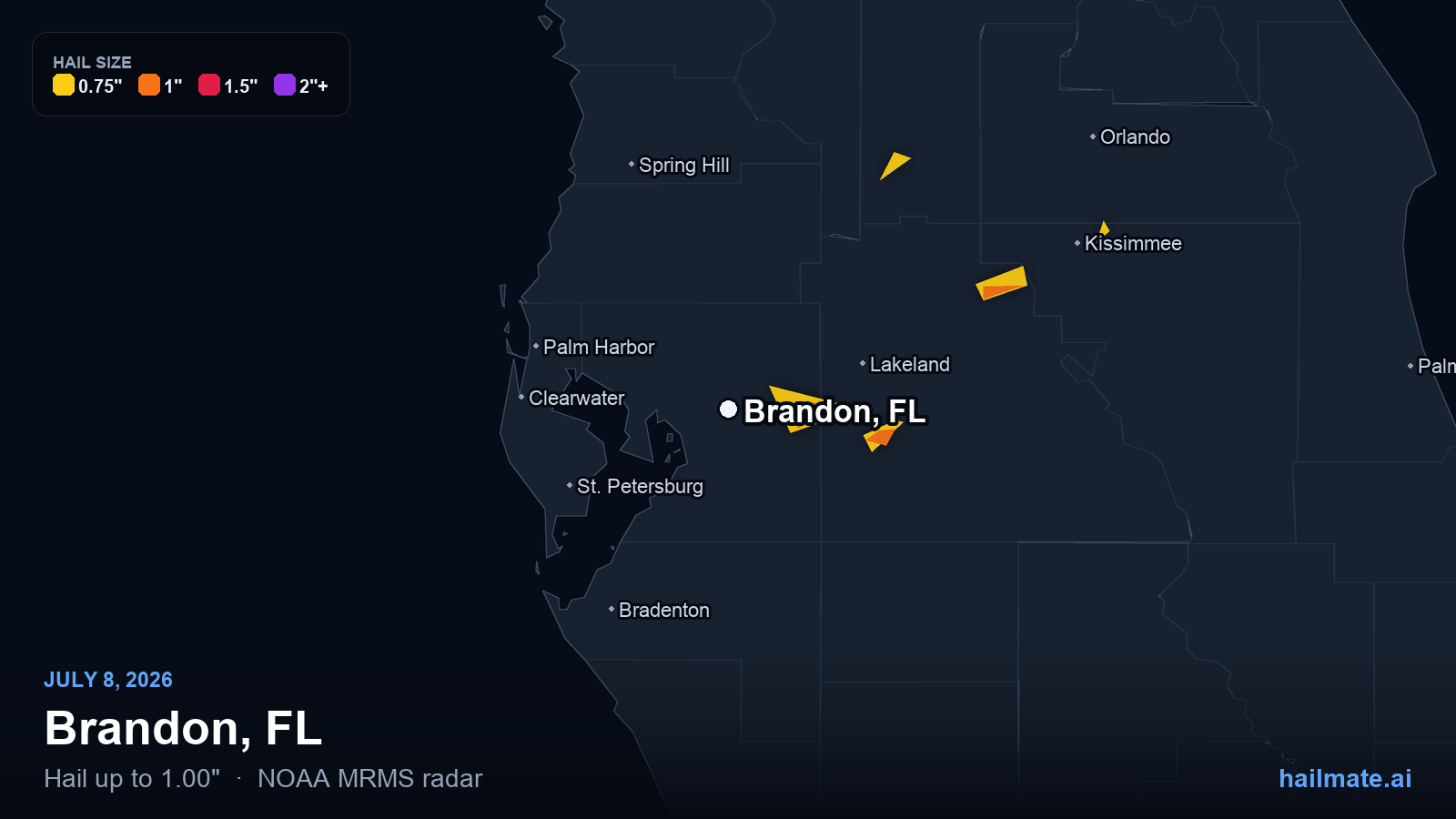 Hail swath map for Brandon, FL on July 8, 2026 showing 1.00 inch hail.