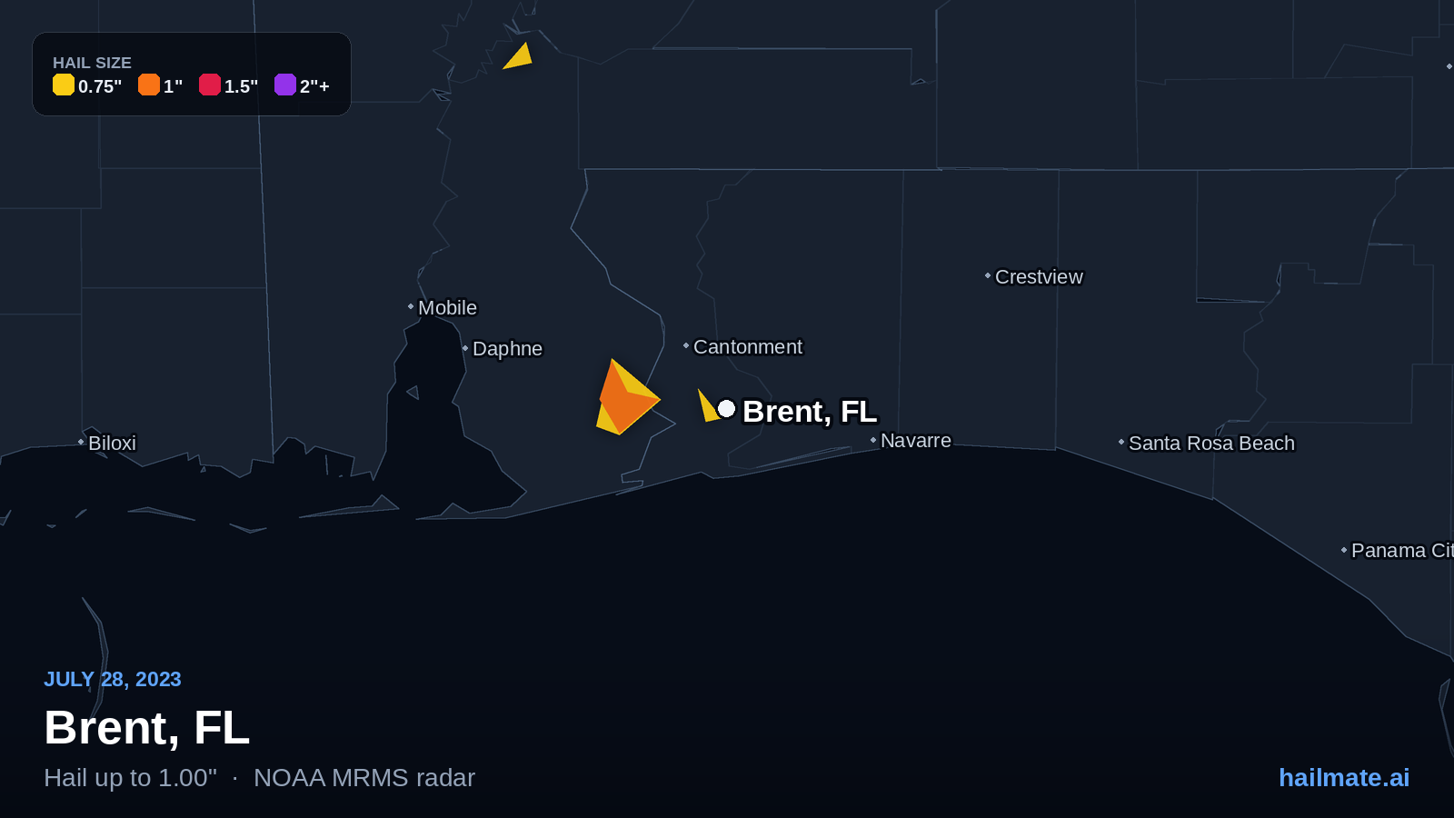 Hail swath map for Brent, FL on July 28, 2023 showing 1.00 inch hail.