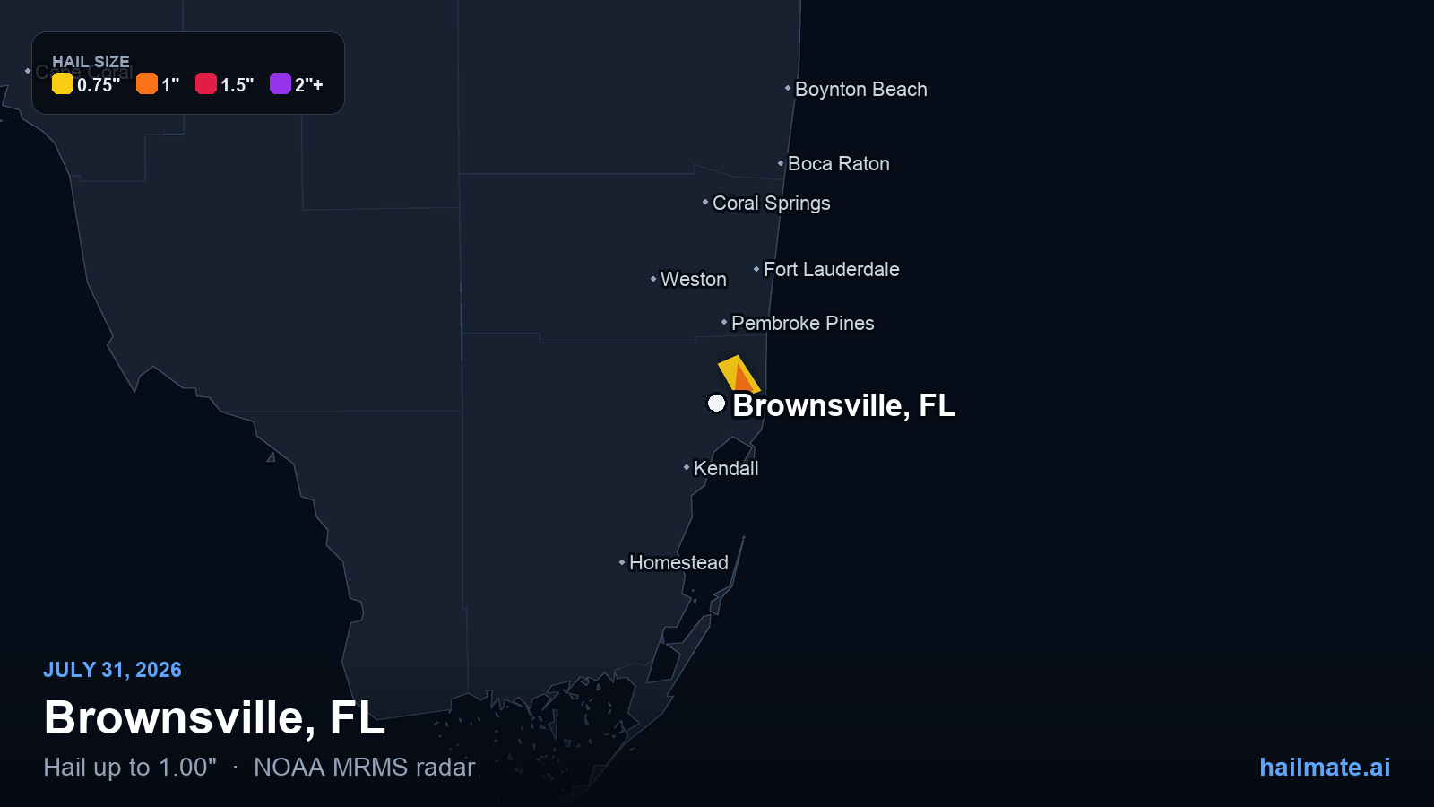 Hail swath map for Brownsville, FL on July 31, 2026 showing 1.00 inch hail.
