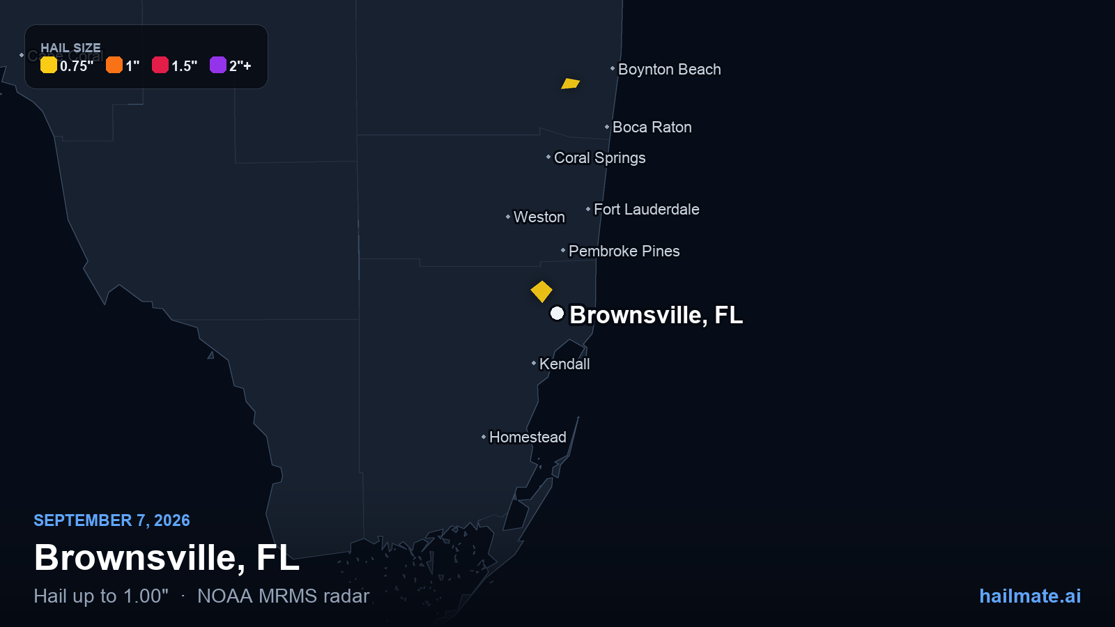 Hail swath map for Brownsville, FL on September 7, 2026 showing 1.00 inch hail.