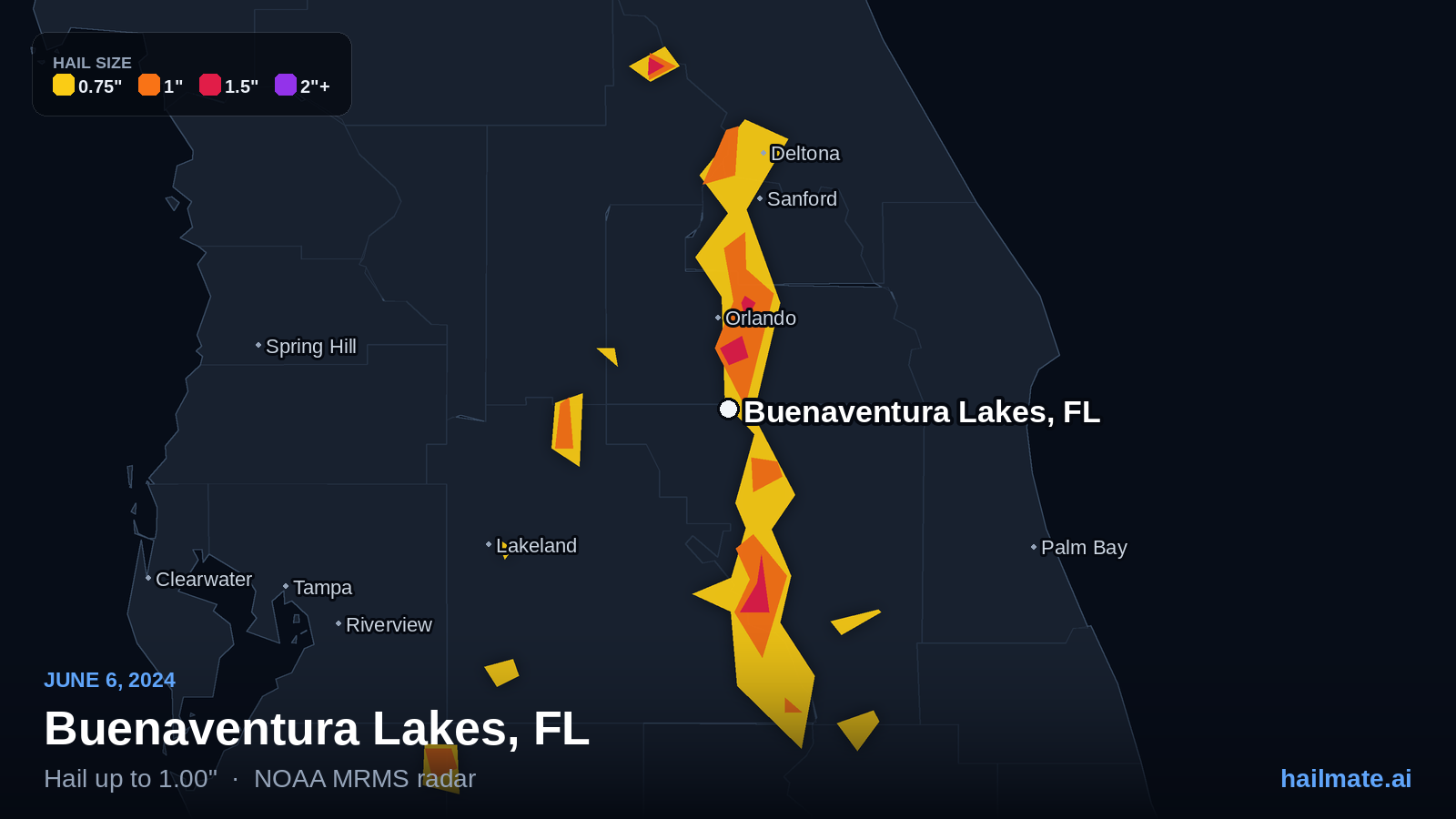 Hail swath map for Buenaventura Lakes, FL on June 6, 2024 showing 1.00 inch hail.