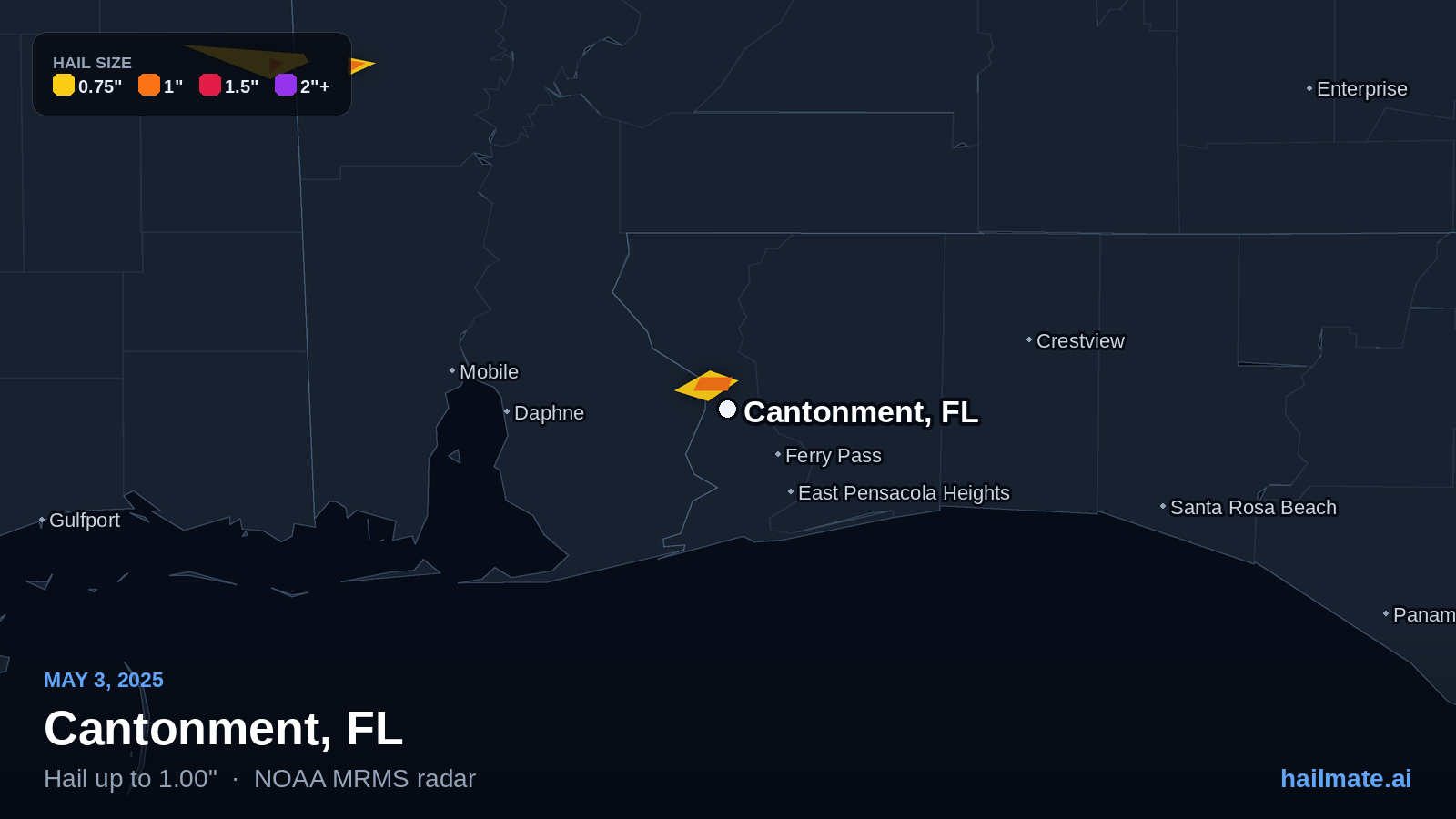 Hail swath map for Cantonment, FL on May 3, 2025 showing 1.00 inch hail.