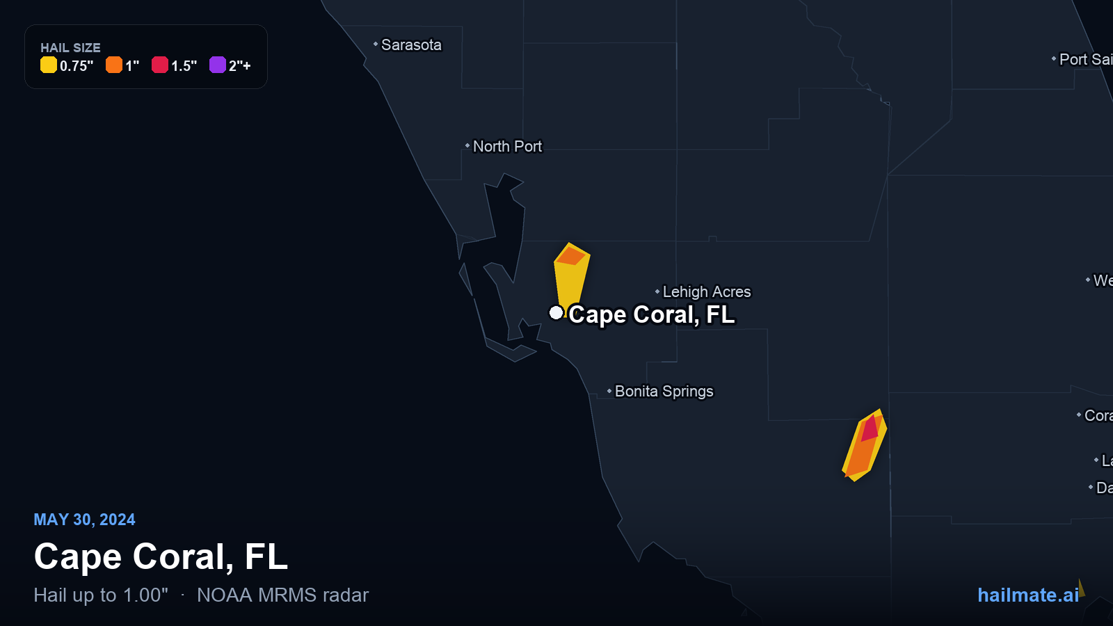 Hail swath map for Cape Coral, FL on May 30, 2024 showing 1.00 inch hail.
