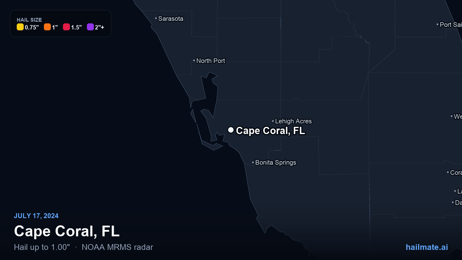 Hail swath map for Cape Coral, FL on July 17, 2024 showing 1.00 inch hail.