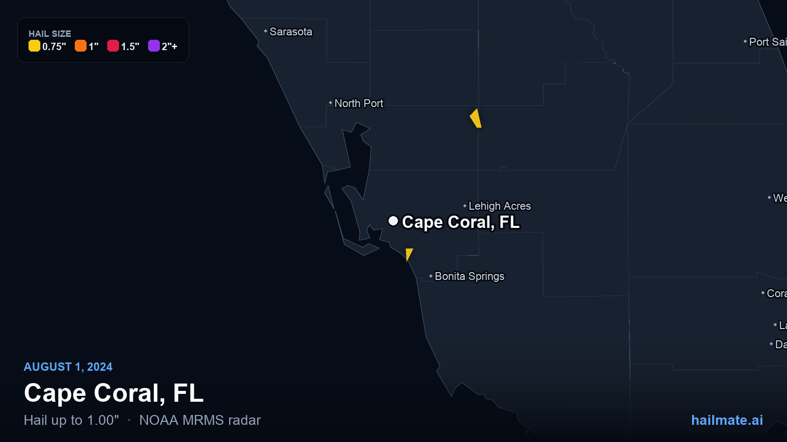 Hail swath map for Cape Coral, FL on August 1, 2024 showing 1.00 inch hail.