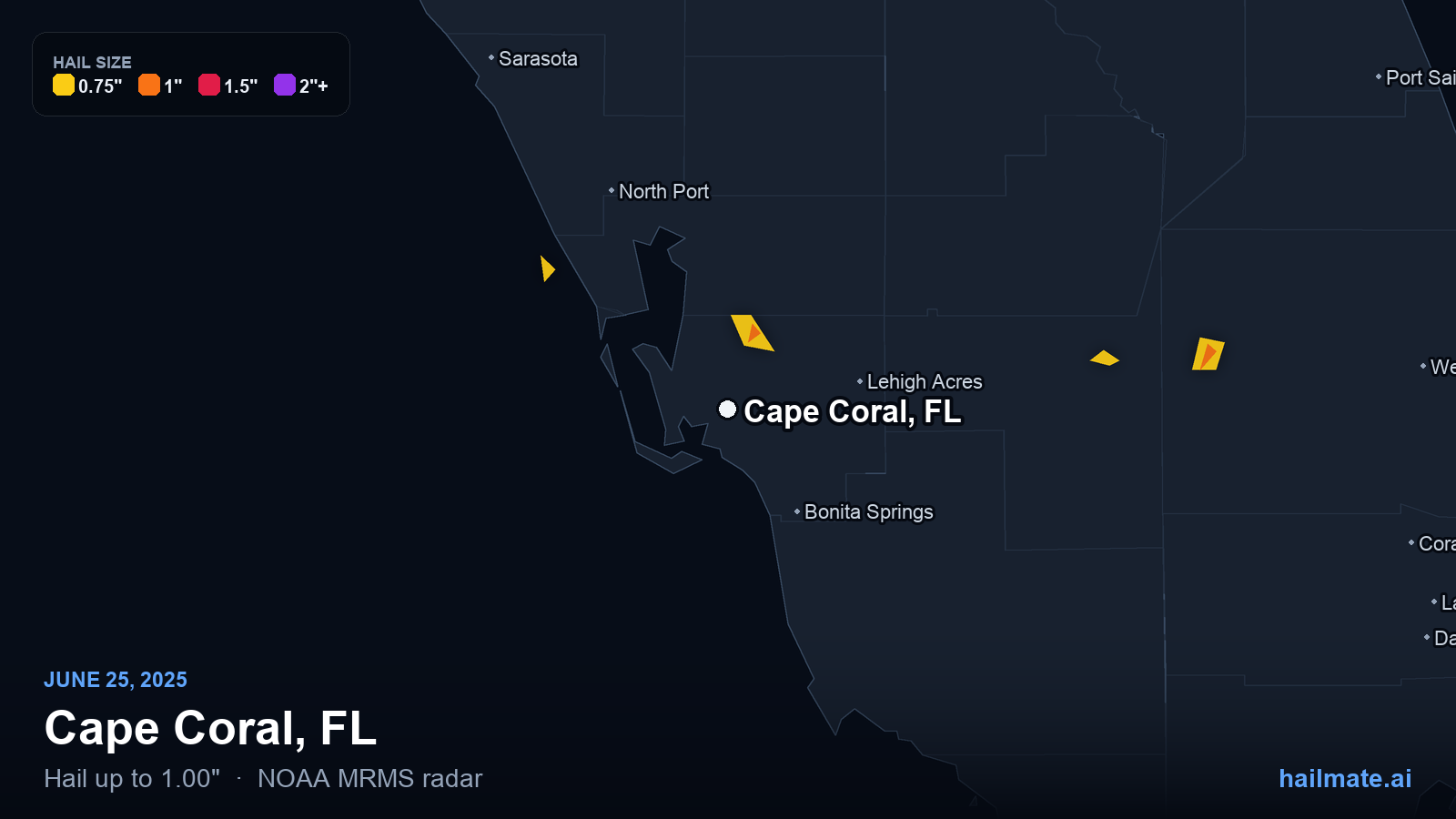Hail swath map for Cape Coral, FL on June 25, 2025 showing 1.00 inch hail.