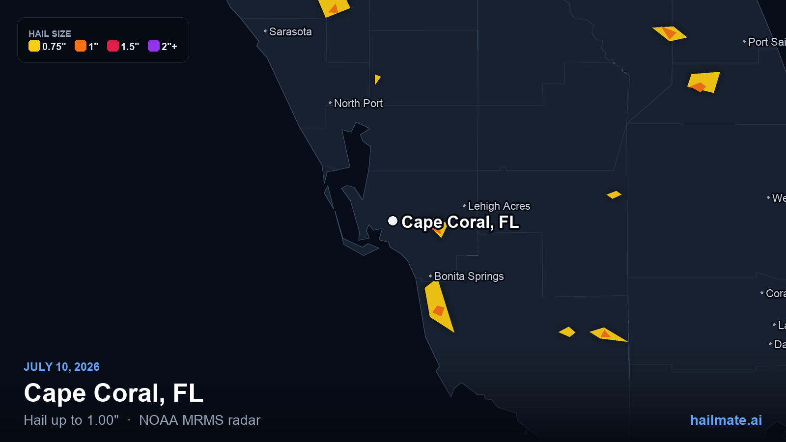 Hail swath map for Cape Coral, FL on July 10, 2026 showing 1.00 inch hail.