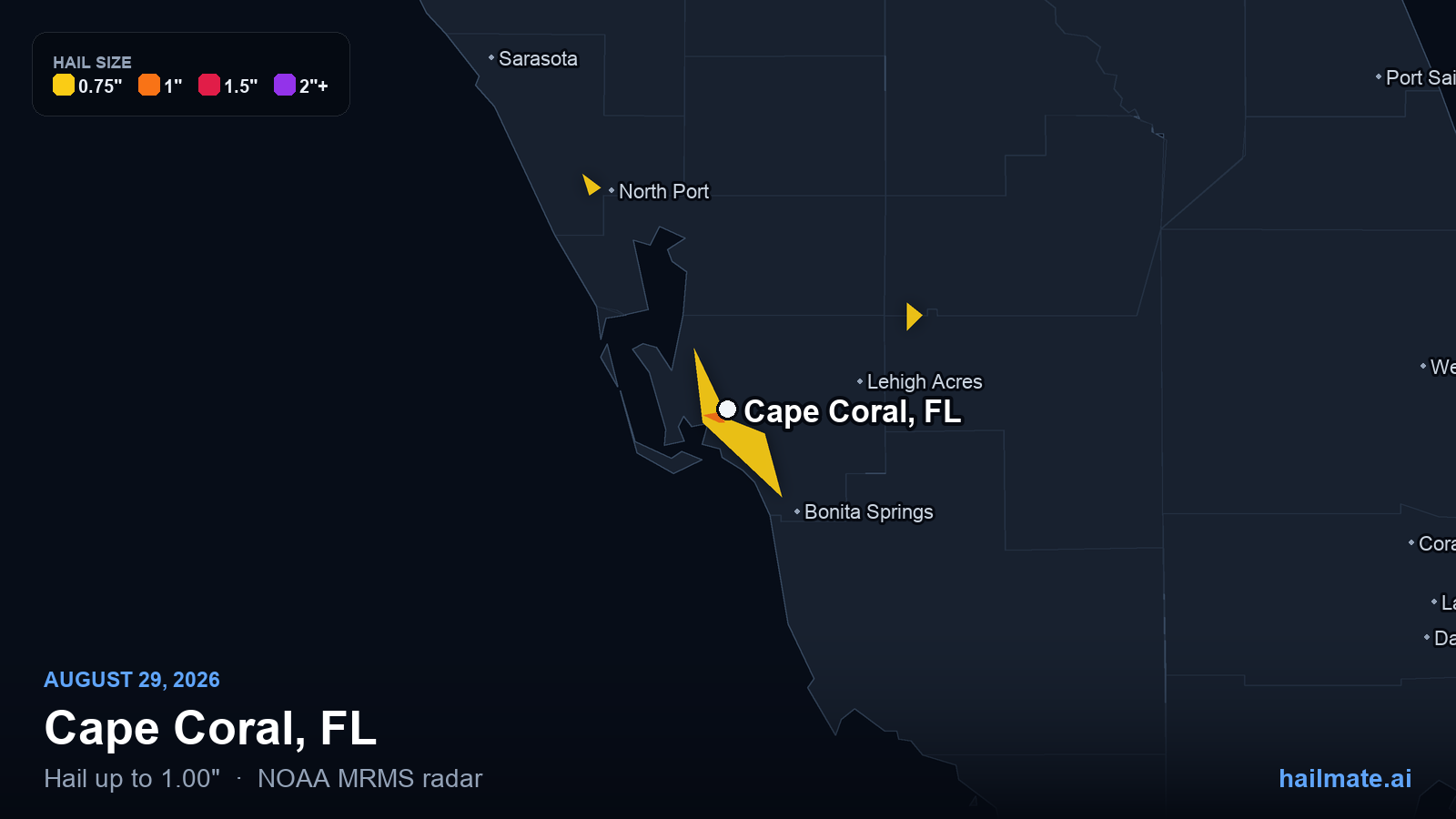 Hail swath map for Cape Coral, FL on August 29, 2026 showing 1.00 inch hail.