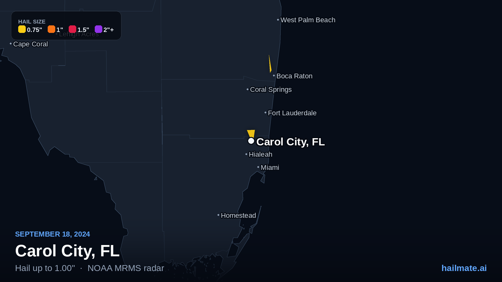 Hail swath map for Carol City, FL on September 18, 2024 showing 1.00 inch hail.