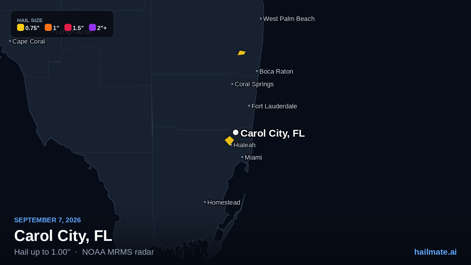 Hail swath map for Carol City, FL on September 7, 2026 showing 1.00 inch hail.