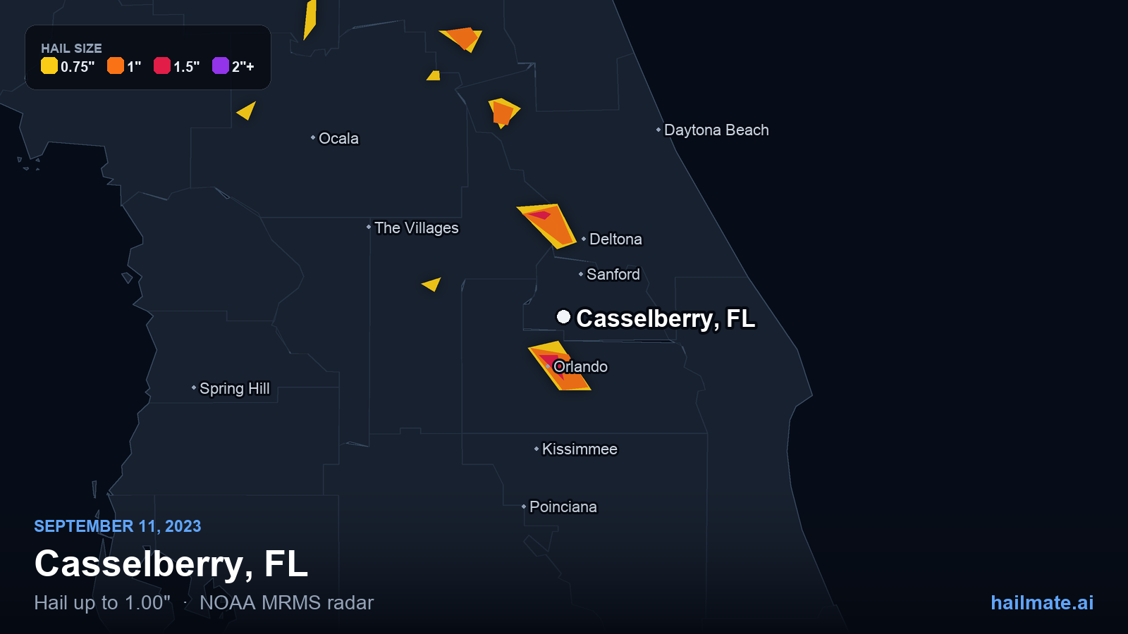 Hail swath map for Casselberry, FL on September 11, 2023 showing 1.00 inch hail.