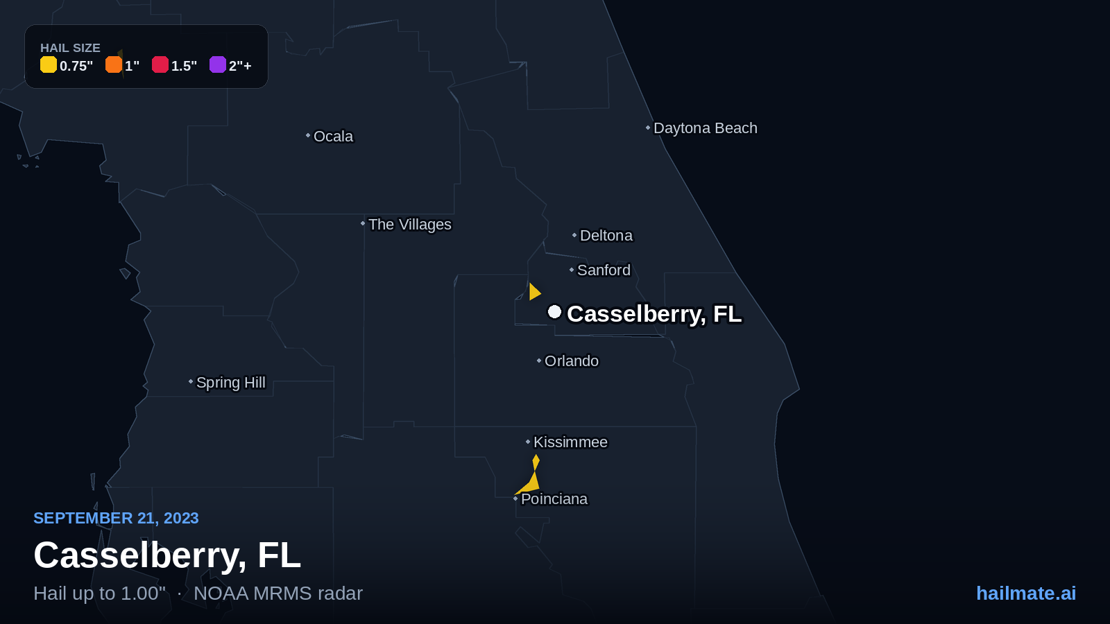 Hail swath map for Casselberry, FL on September 21, 2023 showing 1.00 inch hail.