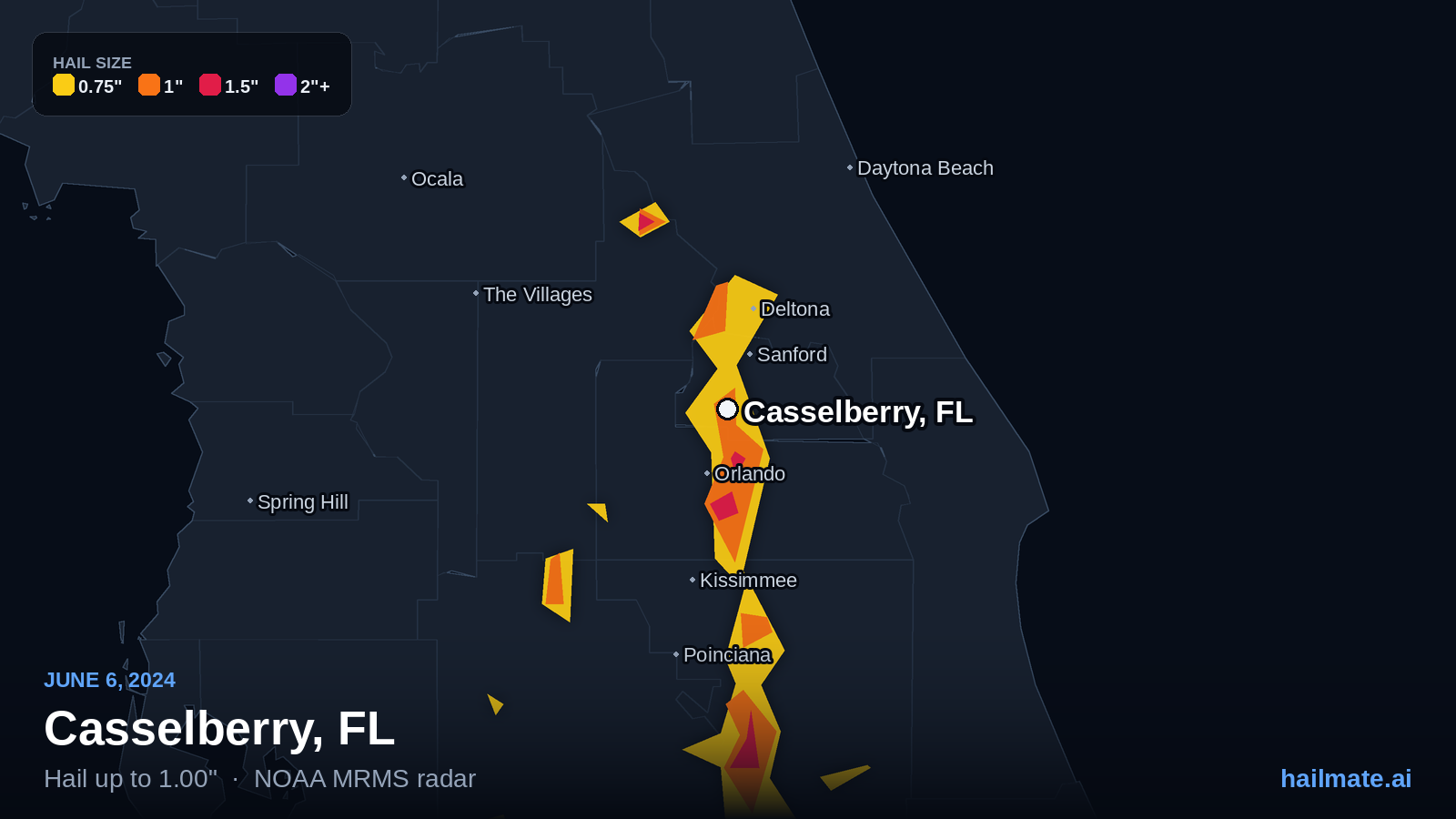 Hail swath map for Casselberry, FL on June 6, 2024 showing 1.00 inch hail.
