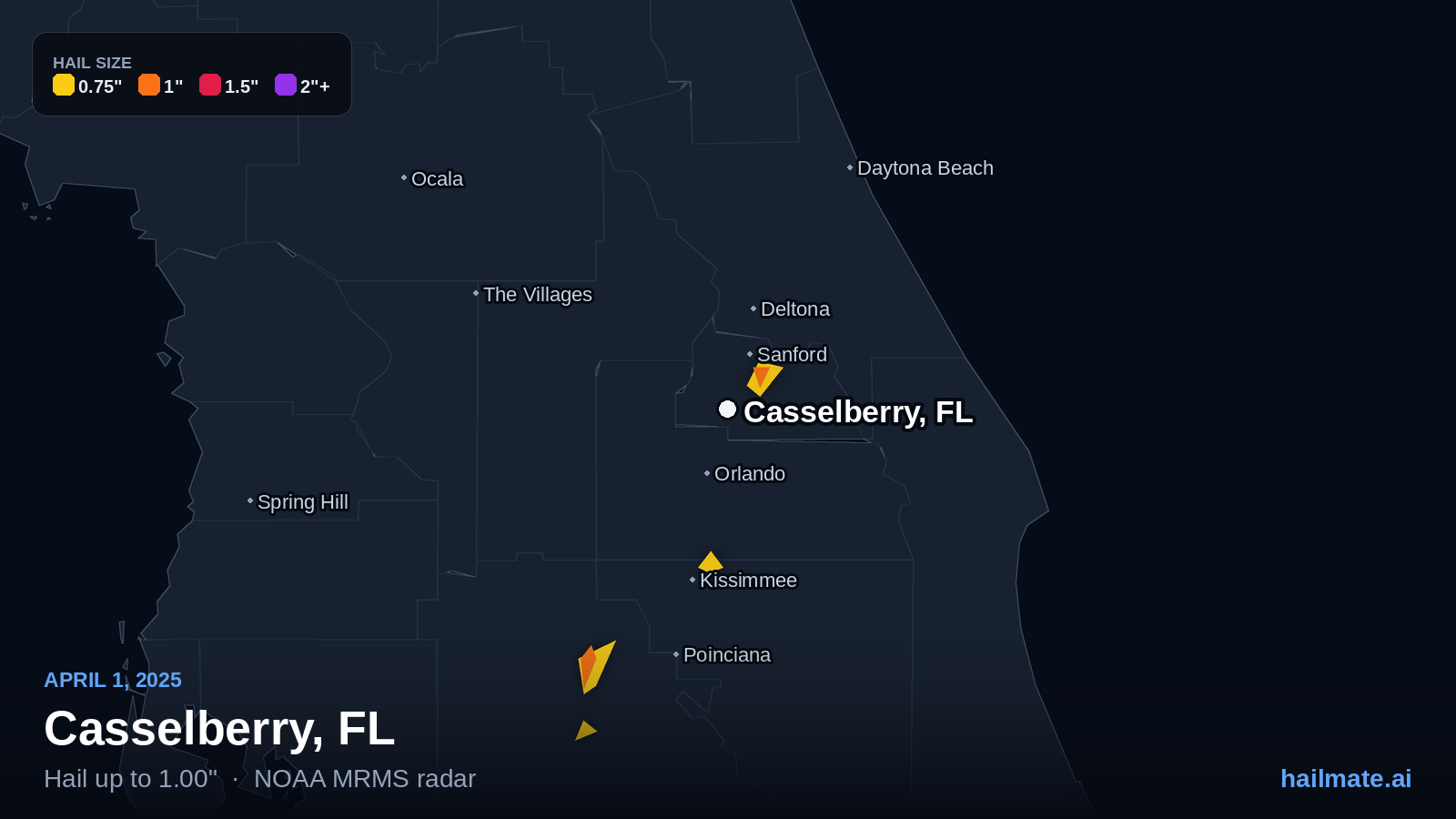 Hail swath map for Casselberry, FL on April 1, 2025 showing 1.00 inch hail.