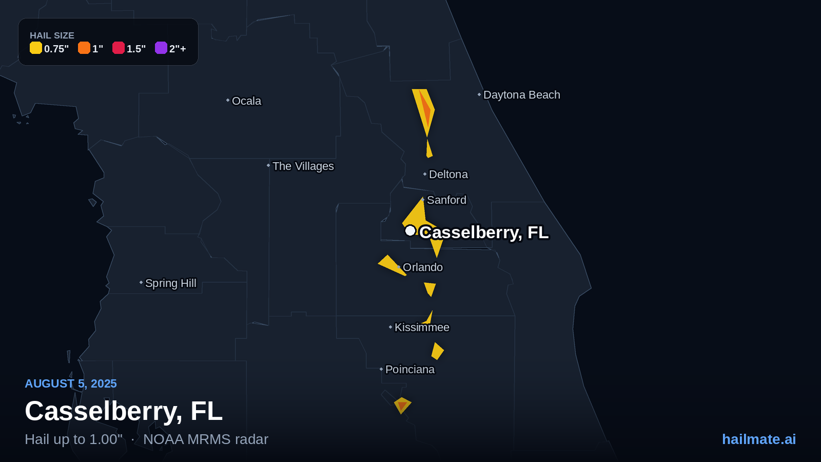 Hail swath map for Casselberry, FL on August 5, 2025 showing 1.00 inch hail.