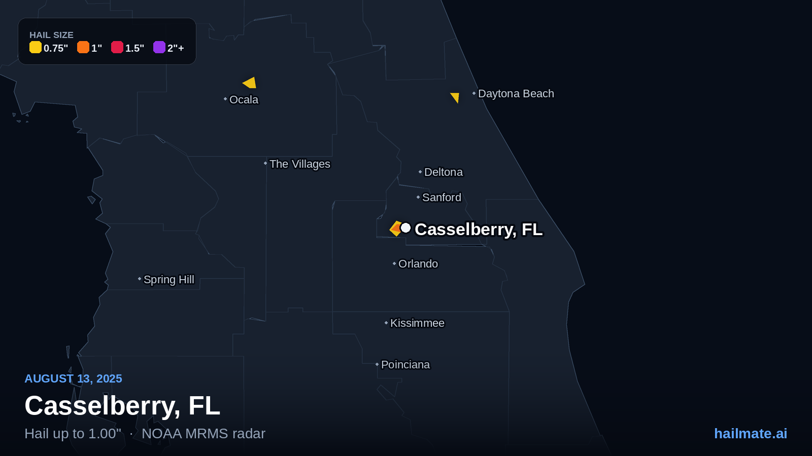 Hail swath map for Casselberry, FL on August 13, 2025 showing 1.00 inch hail.