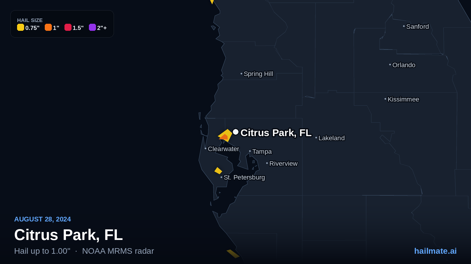 Hail swath map for Citrus Park, FL on August 28, 2024 showing 1.00 inch hail.