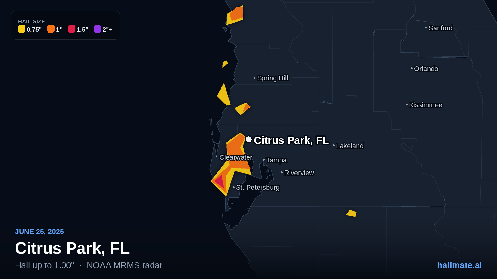 Hail swath map for Citrus Park, FL on June 25, 2025 showing 1.00 inch hail.